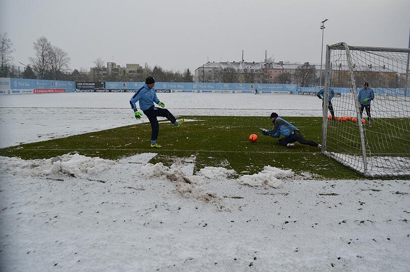 Die Löwen im Schnee: Der TSV 1860 musste am Freitag vor Beginn des Trainingslagers auf weißem - und nicht wie gewohnt auf grünem - Untergrund trainieren.