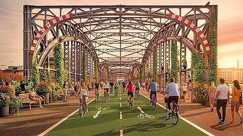 Die Visualisierung zeigt wie eine autofreie Hackerbrücke aussehen könnte.