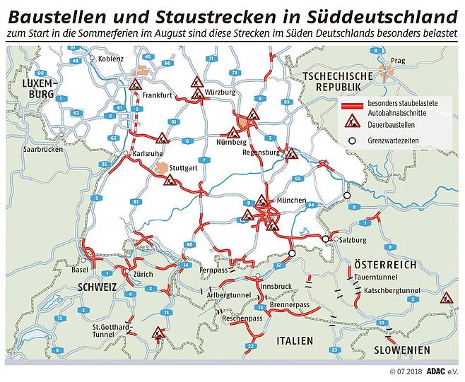 Die Staukarte des ADAC für die Sommer-Reisezeit: Besonders auf den Autobahnen vom Knotenpunkt München aus drohen lange Wartezeiten. (Zum Vergrößern bitte auf das Bild klicken/tippen).