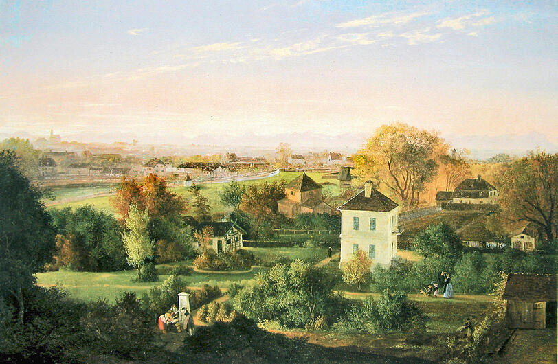 Gartenhäuser 1850 an der heutigen Müllerstraße und Holzstraße.
