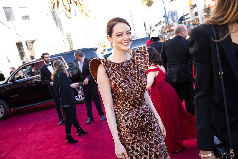 Flop: Zwar passt der Farbton der Louis Vuitton-Robe optimal zu der wunderschönen Emma Stone, doch erinnert das Material an recycelte Pfandflaschen.