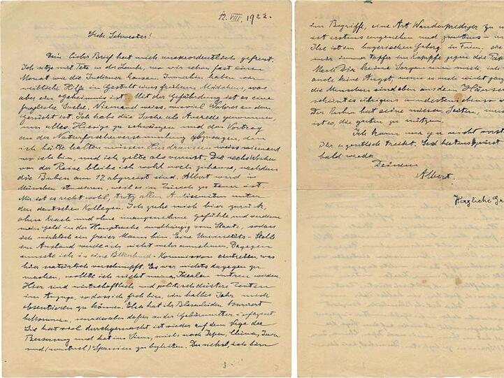 Ein Brief des Physikers Albert Einstein (1879-1955) an seine Schwester Maja.