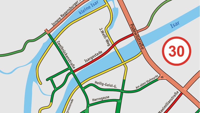 Die drei roten Straßenzüge Maximilianstraße mit Regierungsstraße und Regierungsplatz, Jodoksgasse über die Freyung, Kolpingstraße und die Bindergasse sowie das Isargestade sollen entsprechend der übrigen Straßen und Gassen der Landshuter Innenstadt zur Tempo-30-Zone werden - das fordern Stephan Reinkowski und Christoph Rabl. Die drei roten Straßenzüge Maximilianstraße mit Regierungsstraße und Regierungsplatz, Jodoksgasse über die Freyung, Kolpingstraße und die Bindergasse sowie das Isargestade sollen entsprechend der übrigen Straßen und Gassen der Landshuter Innenstadt zur Tempo-30-Zone werden - das fordern Stephan Reinkowski und Christoph Rabl.
