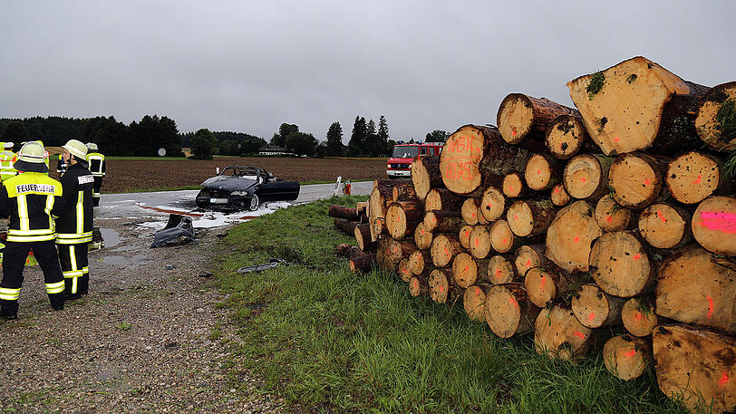 Der BMW-Fahrer krachte gegen den Baumstapel und war vermutlich sofort tot. Die Bilder vom Horror-Crash.