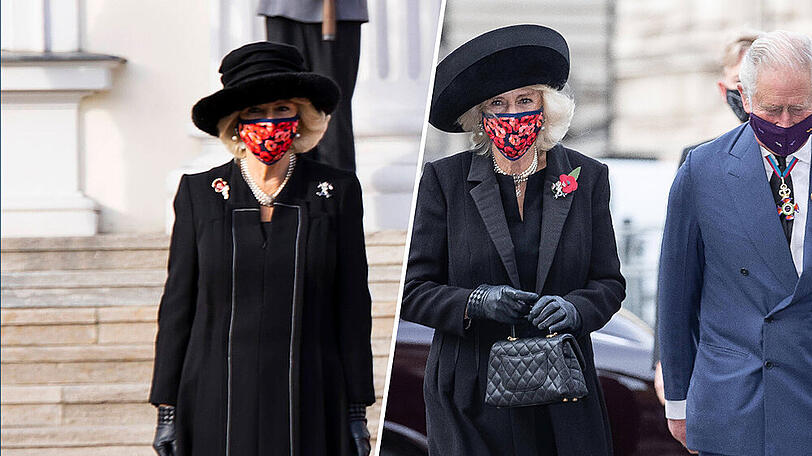 Ähnlicher Look, selbe Maske: Herzogin Camilla beim Besuch in Berlin (r.) und beim Remembrance Day in London.
