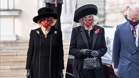 Ähnlicher Look, selbe Maske: Herzogin Camilla beim Besuch in Berlin (r.) und beim Remembrance Day in London.