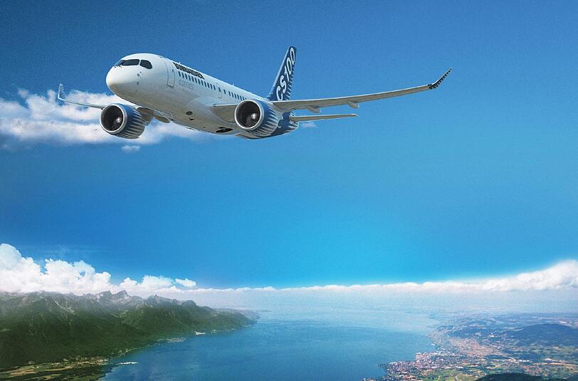 Diese Computergrafik zeigt ein Passagierflugzeug des kanadischen Herrstellers Bombardier vom Typ "CS100"