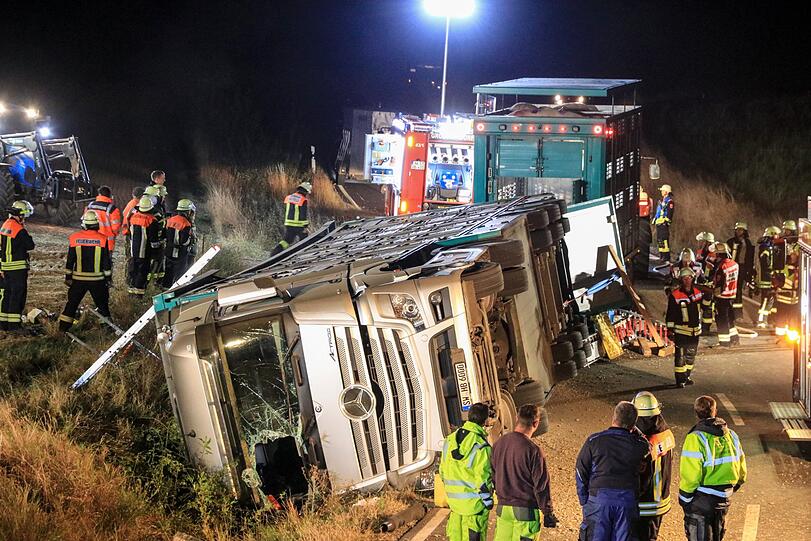 In Unterfranken kam es in der Nacht auf Dienstag zu einem schlimmen Unfall mit einem Viehtransporter - die Bilder.