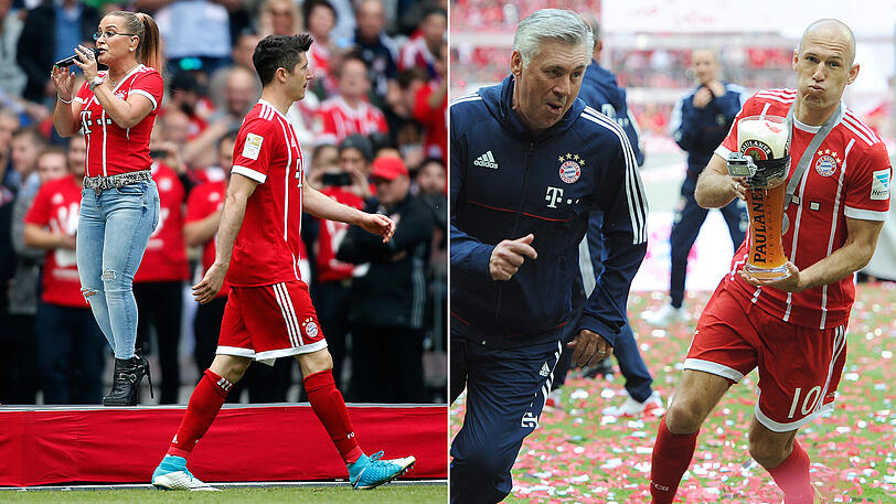 Szenen während des Spiels und nach dem Spiel gegen den SC Freiburg: Bayern-Torjäger Robert Lewandowski muss nach der Halbzeitpause warten, bis Anastacia ihre Show beendet; Arjen Robben hat eine so genannte GoPro-Kamera an seinem Weißbierglas, als er Trainer Carlo Ancelotti begießen will (rechts).