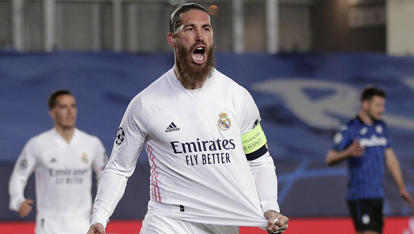 Sergio Ramos feiert den zweiten Treffer seiner Mannschaft im Rückspiel des Champions-League-Achtelfinales gegen Atalanta Bergamo. Sergio Ramos feiert den zweiten Treffer seiner Mannschaft im Rückspiel des Champions-League-Achtelfinales gegen Atalanta Bergamo.