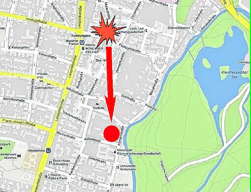 Die Flugbahn des ein Kilo schweren Bombensplitters von der Feilitzschstraße bis zur Königinstraße.