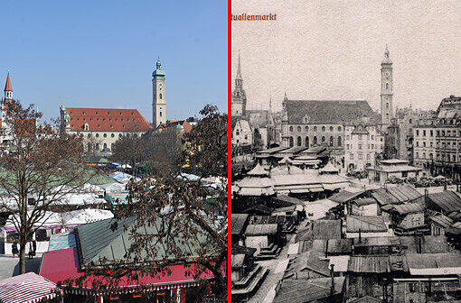 Ein buntes Zeltlager war der Viktualienmarkt schon um die Jahrhundertwende. Dagegen schaut er heute fast schon wohlgeordnet aus.