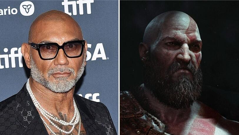 Dave Bautista neben der Computerspielfigur Kratos.