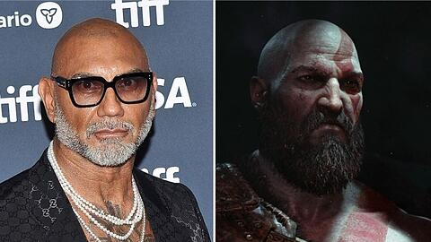 Dave Bautista neben der Computerspielfigur Kratos.