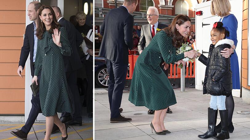 Herzogin Kate im dunkelgrünen Polka-dot-Kleid.