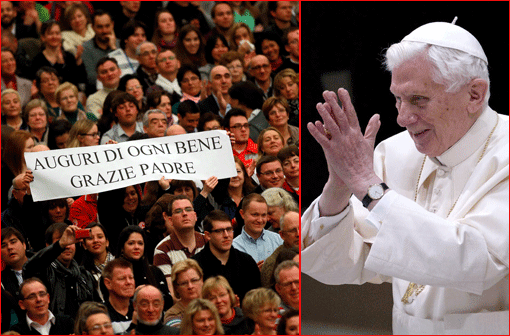 Tausende gläubige Katholiken haben Papst Benedikt XVI. in der Audienzhalle Paolo VI im Vatikan bei seiner voraussichtlich letzten Generalaudienz für seinen Kirchendienst gedankt. Es ist das erste Mal, dass sich der Pontifex nach seiner historischen Rücktrittankündigung vom Montag den Gläubigen zeigt. Die Bilder.