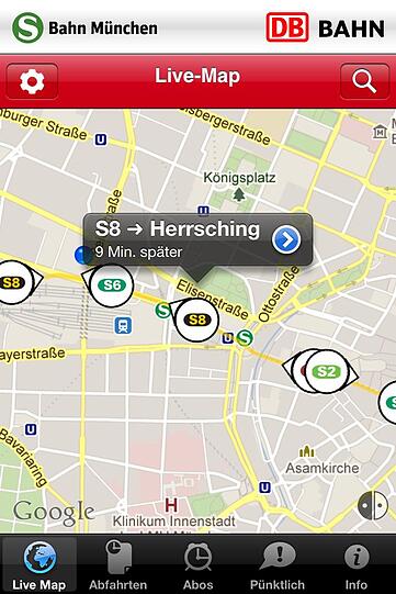 Neun Minuten zu spät: Eine S8 auf dem Live-Fahrplan fürs Handy.