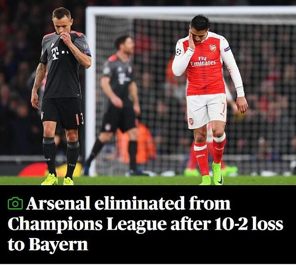 Der Standard schreibt: "Arsenal aus der Champions League eliminiert, nach einer 10:2-Niederlage gegen Bayern."