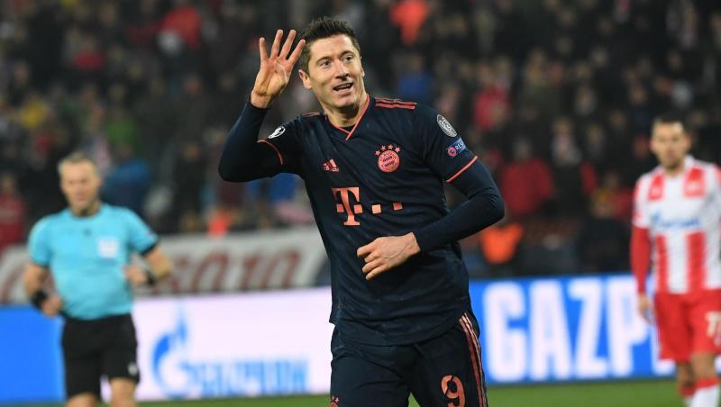 Münchens Robert Lewandowski bejubelt beim Spiel gegen Roter Stern Belgrad sein Tor zum 5:0. Foto: Sven Hoppe/dpa