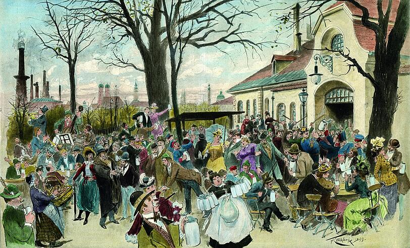 Auf dem Salvatorkeller im Jahr 1899: Reproduktion eines Aquarells von Franz Kirchbach.
