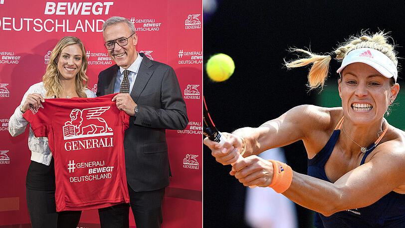 Angelique Kerber und Generali-Boss Giovanni Liverani (linkes Foto) - und mit vollem sportlichen Einsatz auf dem Court.