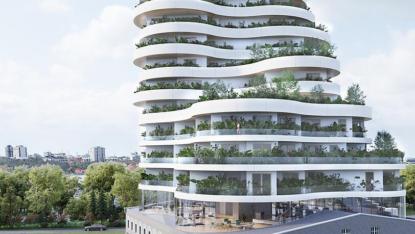Ein geschwungenes und begrüntes Hochhaus soll auf dem Dach der früheren Lederfabrik entstehen.