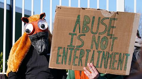 Tierschutz-Aktivisten protestieren gegen das Hindernisrennen in Aintree.
