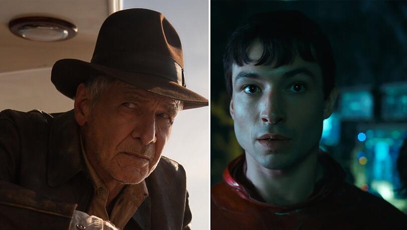 Haudegen versus Jungspund: Harrison Ford (li.) geht in seinen fünften Einsatz als Indiana Jones, Ezra Miller stürmt erstmals solo als "The Flash" ins Kino.