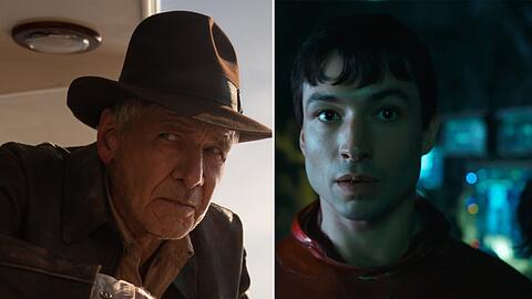 Haudegen versus Jungspund: Harrison Ford (li.) geht in seinen fünften Einsatz als Indiana Jones, Ezra Miller stürmt erstmals solo als "The Flash" ins Kino.
