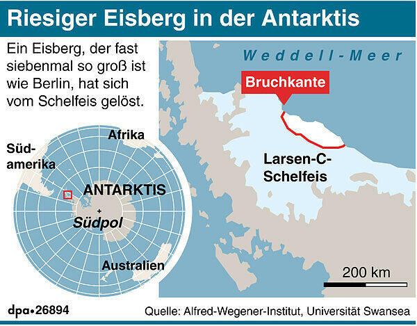 Dimension und Lage des Eisbergs in der Antarktis.