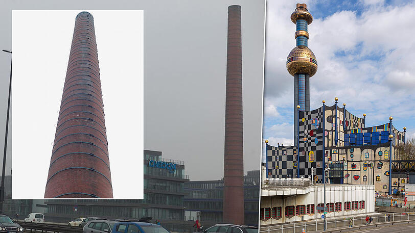 Rechts: Ein Hundertwasser-Turm an der Müllverbrennungsanlage Spittelau in Österreich. Links: Der Schornstein an der Donnersbergerbrücke.