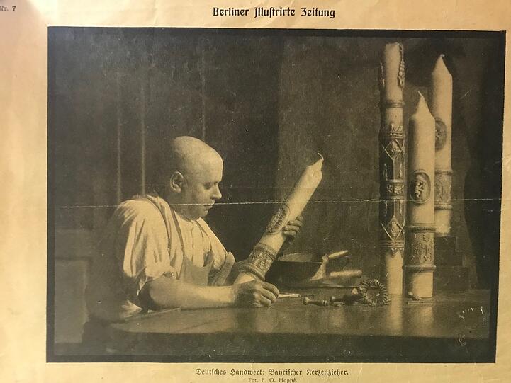 Wachszieher Sebastian Wesely um 1919. Damals übernimmt er die Werkstatt Ebenböck in Pasing und zieht damit in die Herrenstraße 36, . . .