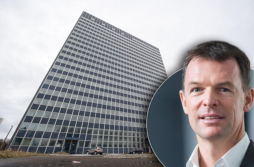 Der ehemalige Siemens-Turm in Sendling. Rechts: Immobilienmakler und Ex-Rennfahrer Hubert Haupt will hier bis 2018 Wohnungen schaffen.