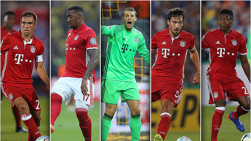 Die wohl beste Defensive Europas: Rechtsverteidiger Philipp Lahm, Innenverteidiger Jérôme Boateng, Torhüter Manuel Neuer, Innenverteidiger Mats Hummels und Linksverteidiger David Alaba (v.l.). Die wohl beste Defensive Europas: Rechtsverteidiger Philipp Lahm, Innenverteidiger Jérôme Boateng, Torhüter Manuel Neuer, Innenverteidiger Mats Hummels und Linksverteidiger David Alaba (v.l.).