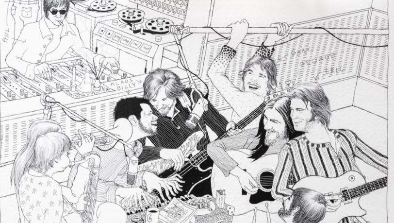 Klaus Voormanns Bild einer Session zu George Harrisons "All Things Must Pass", mit ihm selbst, Eric Clapton, Ringo Starr und weiteren Legenden.