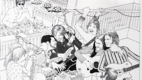 Klaus Voormanns Bild einer Session zu George Harrisons "All Things Must Pass", mit ihm selbst, Eric Clapton, Ringo Starr und weiteren Legenden.