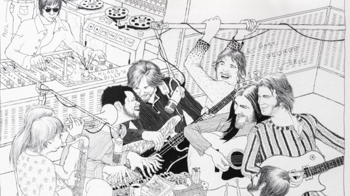 Klaus Voormanns Bild einer Session zu George Harrisons "All Things Must Pass", mit ihm selbst, Eric Clapton, Ringo Starr und weiteren Legenden.