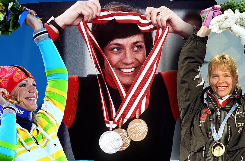 Von links nahc rechts: Maria Höfl-Riesch, Doppel-Olympiasiegerin von Vancouver, gewann in Sotschi bereits ihre dritte Goldmedaille. Rosi Mittermaier gewann 1976 in Innsbruck zwei Goldene und eine Silbermedaille. Katja Seizinger holte zwischen &rsquo;92 und &rsquo;98 drei Mal Gold und zwei Mal Bronze bei Olympa.