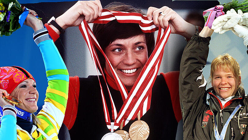 Von links nahc rechts: Maria Höfl-Riesch, Doppel-Olympiasiegerin von Vancouver, gewann in Sotschi bereits ihre dritte Goldmedaille. Rosi Mittermaier gewann 1976 in Innsbruck zwei Goldene und eine Silbermedaille. Katja Seizinger holte zwischen &rsquo;92 und &rsquo;98 drei Mal Gold und zwei Mal Bronze bei Olympa.