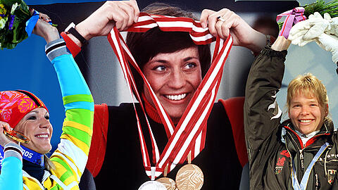 Von links nahc rechts: Maria Höfl-Riesch, Doppel-Olympiasiegerin von Vancouver, gewann in Sotschi bereits ihre dritte Goldmedaille. Rosi Mittermaier gewann 1976 in Innsbruck zwei Goldene und eine Silbermedaille. Katja Seizinger holte zwischen &rsquo;92 und &rsquo;98 drei Mal Gold und zwei Mal Bronze bei Olympa.