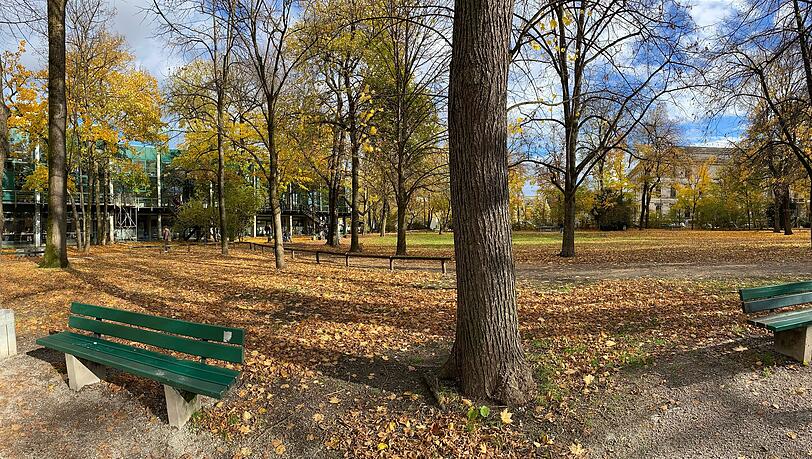 Die (grüne) TUM-Mensa an der Gabelsbergerstraße ragt von Norden her in die Grünanlage hinein. Die (grüne) TUM-Mensa an der Gabelsbergerstraße ragt von Norden her in die Grünanlage hinein.