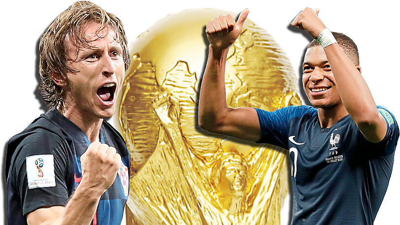 Zwei Hauptdarsteller im Kampf um den WM-Pokal am Sonntag: Kroatiens Kapitän Luka Modric (l.) und Frankreichs Supersprinter Kylian Mbappé.