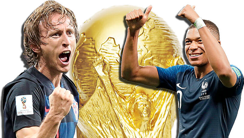 Zwei Hauptdarsteller im Kampf um den WM-Pokal am Sonntag: Kroatiens Kapitän Luka Modric (l.) und Frankreichs Supersprinter Kylian Mbappé. Zwei Hauptdarsteller im Kampf um den WM-Pokal am Sonntag: Kroatiens Kapitän Luka Modric (l.) und Frankreichs Supersprinter Kylian Mbappé.