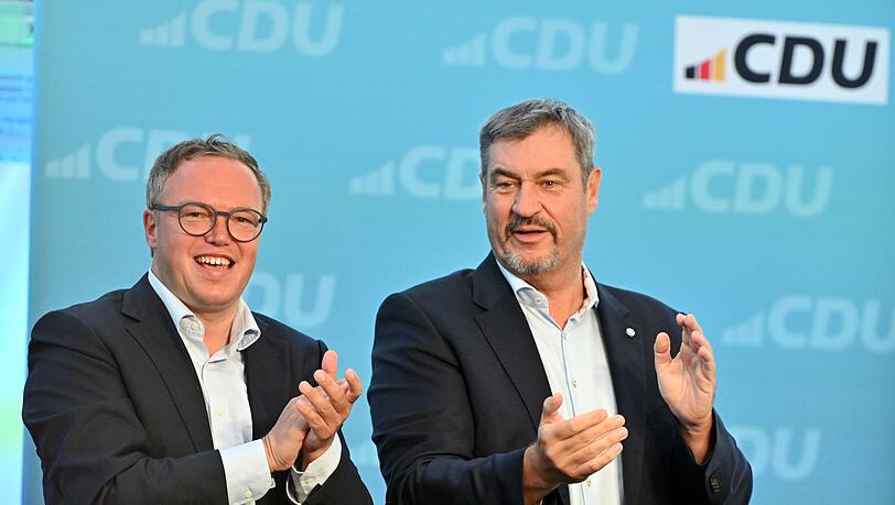 Mario Voigt und Markus Söder (L) machen die Thüringer Landtagswahl auch zu einer Abstimmung über die Ampel.