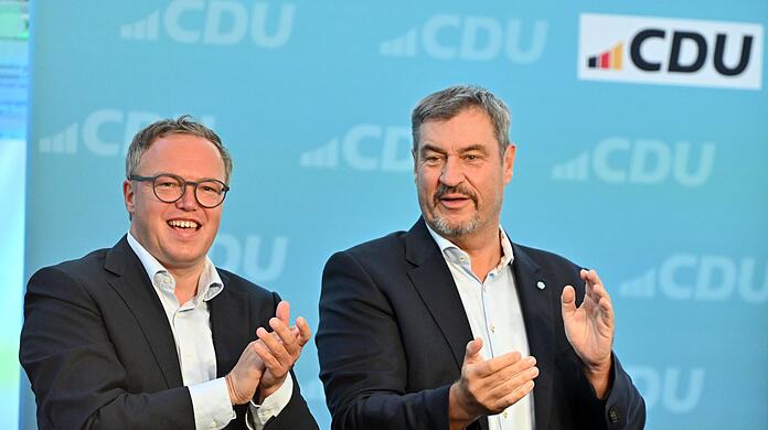 Mario Voigt und Markus Söder (L) machen die Thüringer Landtagswahl auch zu einer Abstimmung über die Ampel.