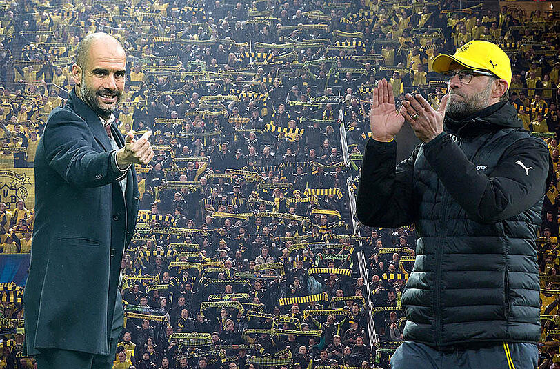 Wer wird das Spiel am Samstag in Dortmund für sich entscheiden? Die Gäste aus München mit Trainer Pep Guardiola (l.) oder die Heimmannschaft aus Dortmund mit Coach Jürgen Klopp.