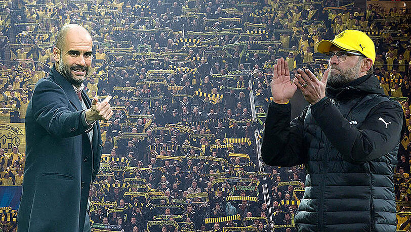 Wer wird das Spiel am Samstag in Dortmund für sich entscheiden? Die Gäste aus München mit Trainer Pep Guardiola (l.) oder die Heimmannschaft aus Dortmund mit Coach Jürgen Klopp. Wer wird das Spiel am Samstag in Dortmund für sich entscheiden? Die Gäste aus München mit Trainer Pep Guardiola (l.) oder die Heimmannschaft aus Dortmund mit Coach Jürgen Klopp.
