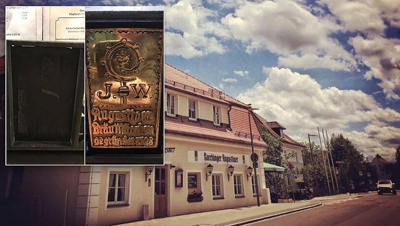 Das Augustinger in Garching: hier wurde das Messingschild (kleines Bild) gestohlen. Das Augustinger in Garching: hier wurde das Messingschild (kleines Bild) gestohlen.