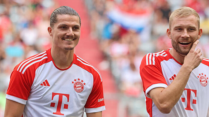 Der eine kam, der andere ging: Die Ex-Leipziger Marcel Sabitzer (li., nun auch Ex-Münchner) und Konrad Laimer im Trikot des FC Bayern.