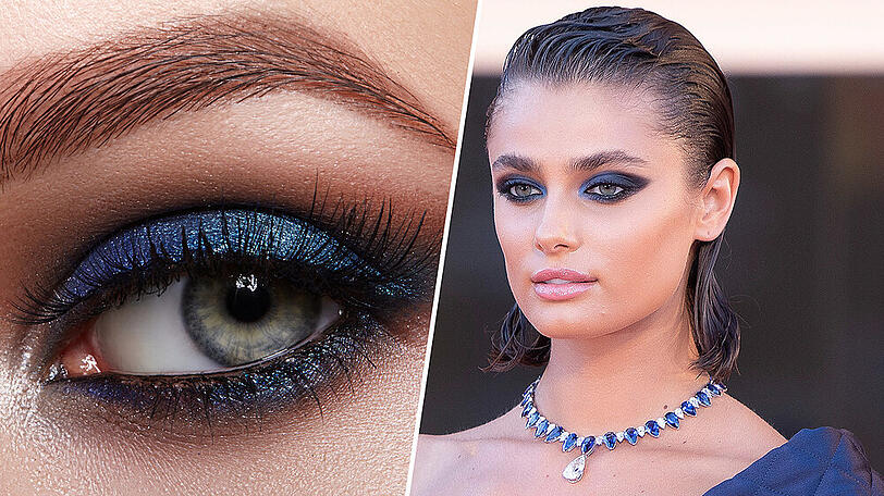 Lidschatten in der Pantone-Farbe "Classic Blue", wie Model Taylor Hill ihn zu den Filmfestspielen von Venedig trug, liegt im Herbst im Trend.